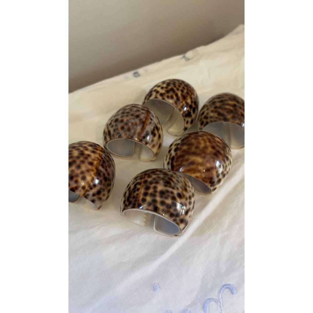 Vintage Tiger Cowrie Shell Napkin Rings Set Of 6 Coastal Beach Table Decor